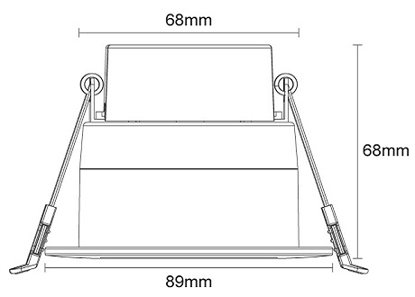 downlight diameter 89mm, cutout 68mm, height 68mm