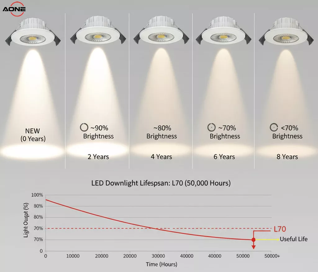 LEDs gradually dim over time rather than burning out suddenly. The standard end-of-life indicator is the L70 rating, which refers to the point when light output declines to 70% of its original level.