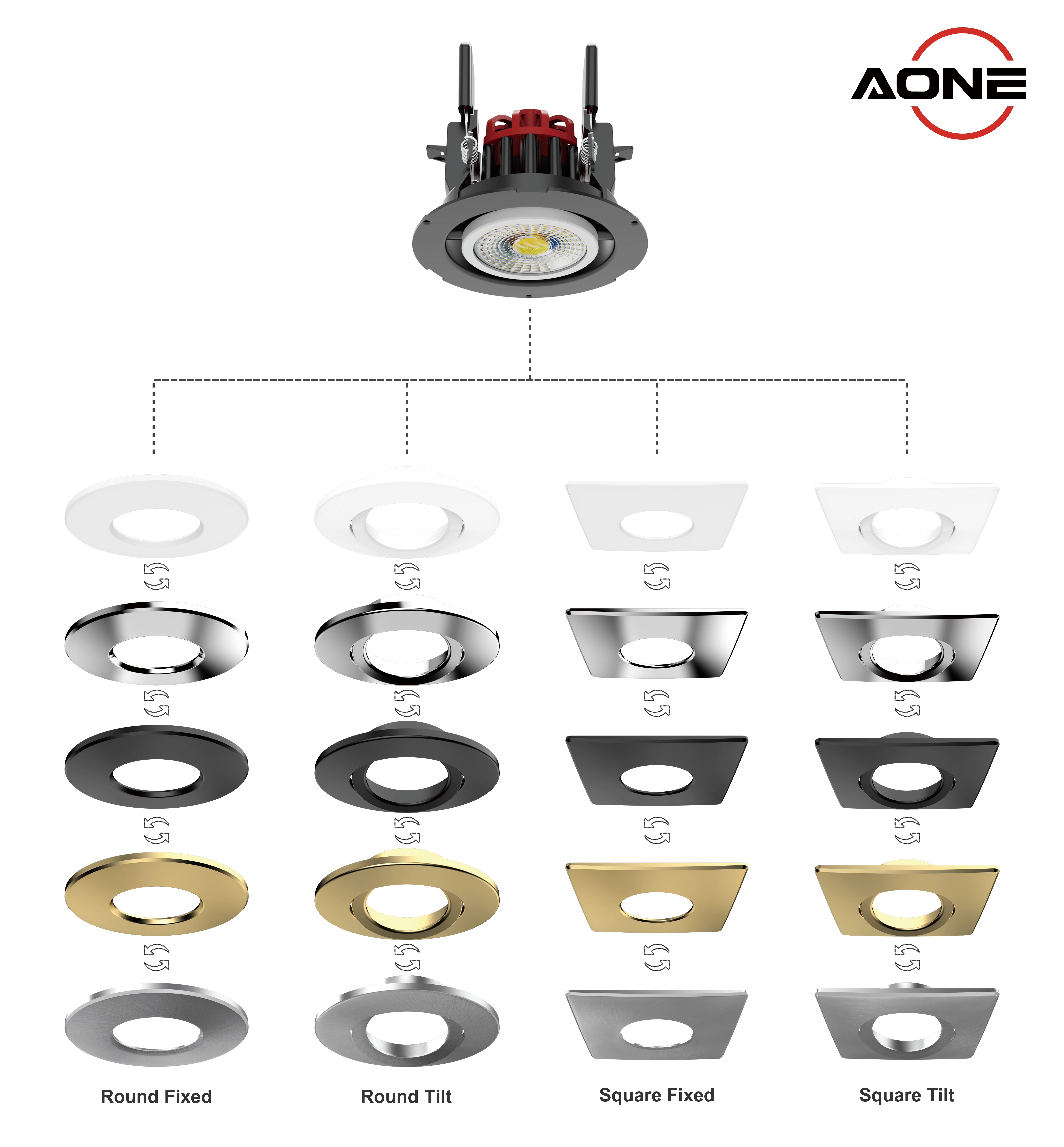 DL98BB Tiltable Fire Rated Downlight with four different cover colors