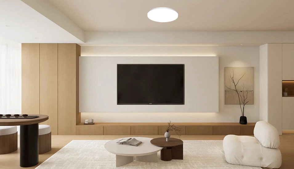White round LED ceiling light, minimalist design, doesn't make the ceiling height feel too high.