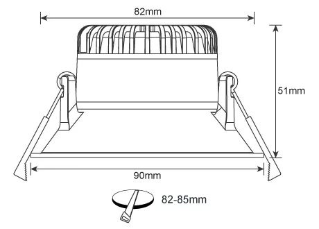 Luminaire Diameter 90mm, height 51mm, hole opening 82-85mm