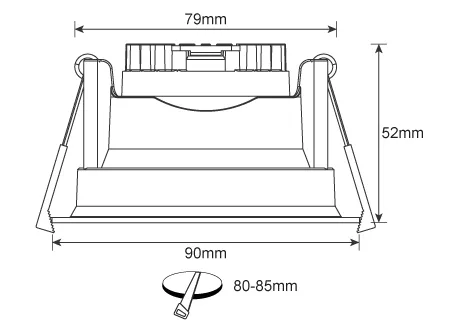 Luminaire Diameter 90mm, height 51mm, hole opening 82-85mm