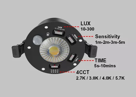 PIR downlight Features 4 CCT, Timing, Lux, Sensitivity setting